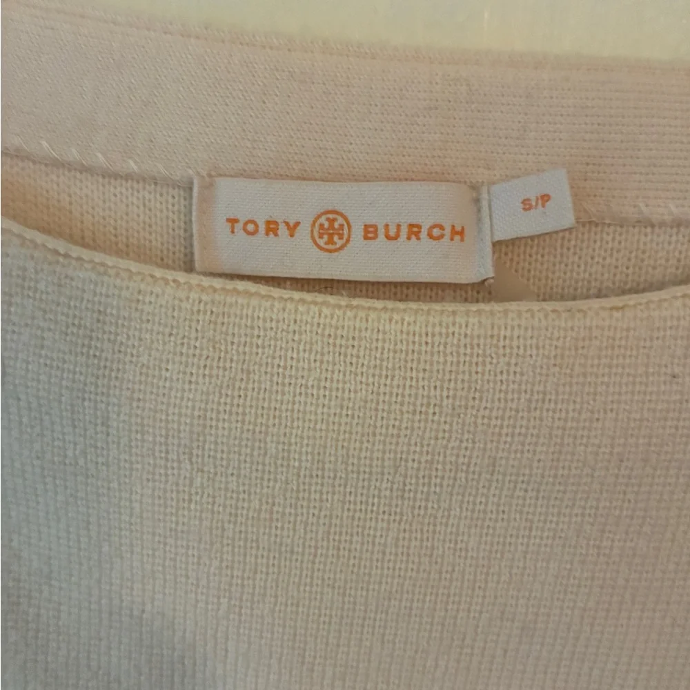 Tory Burch Dixie Cream and Black 💯 Merino Wool Sweater with Lace Detail Size SP